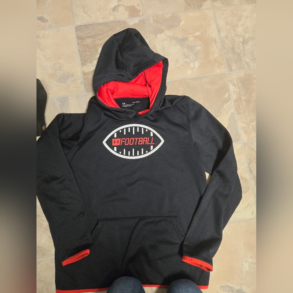 Under Armour Black Hoodie with Red Lining & Football Graphic